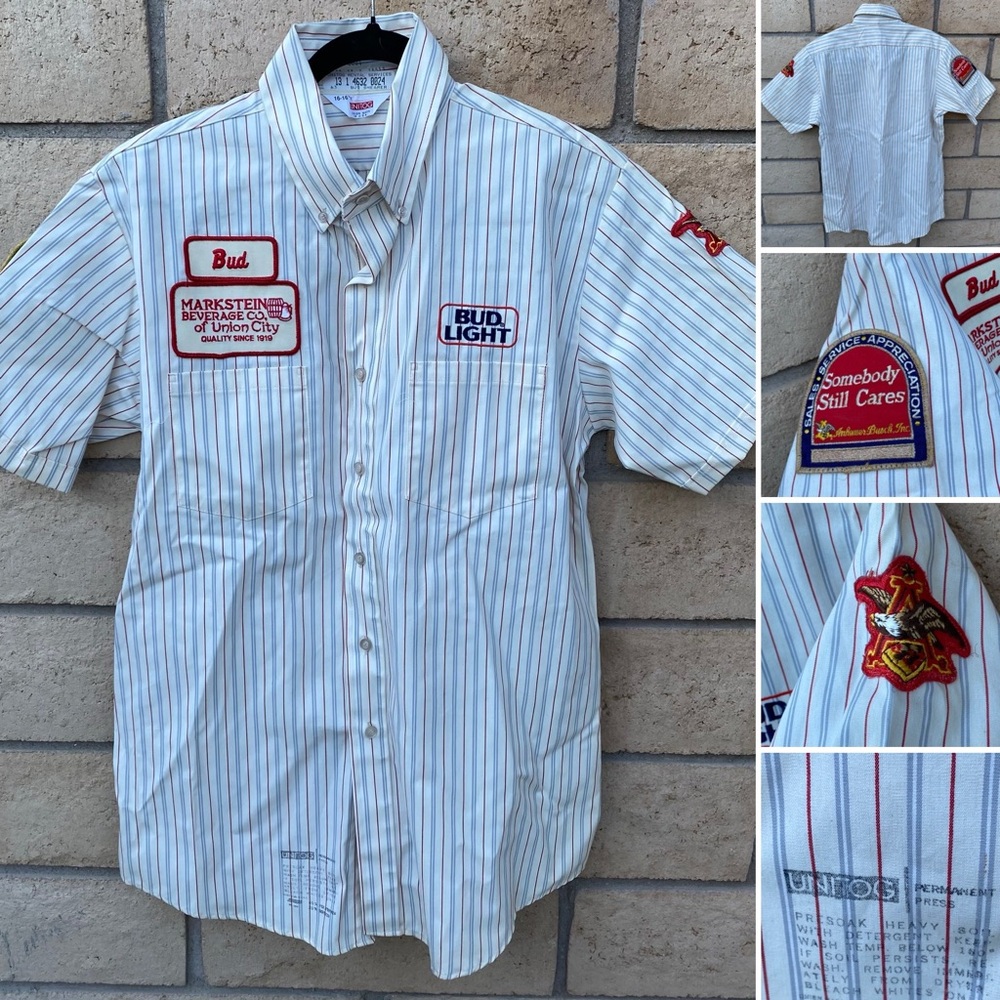 Budweiser Bud light Unitog Work Shirt mens 16 16.5 striped embroidered patches